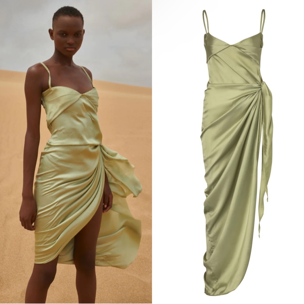 Baobab Collection Olive-Green Satin Draped Slip Dress